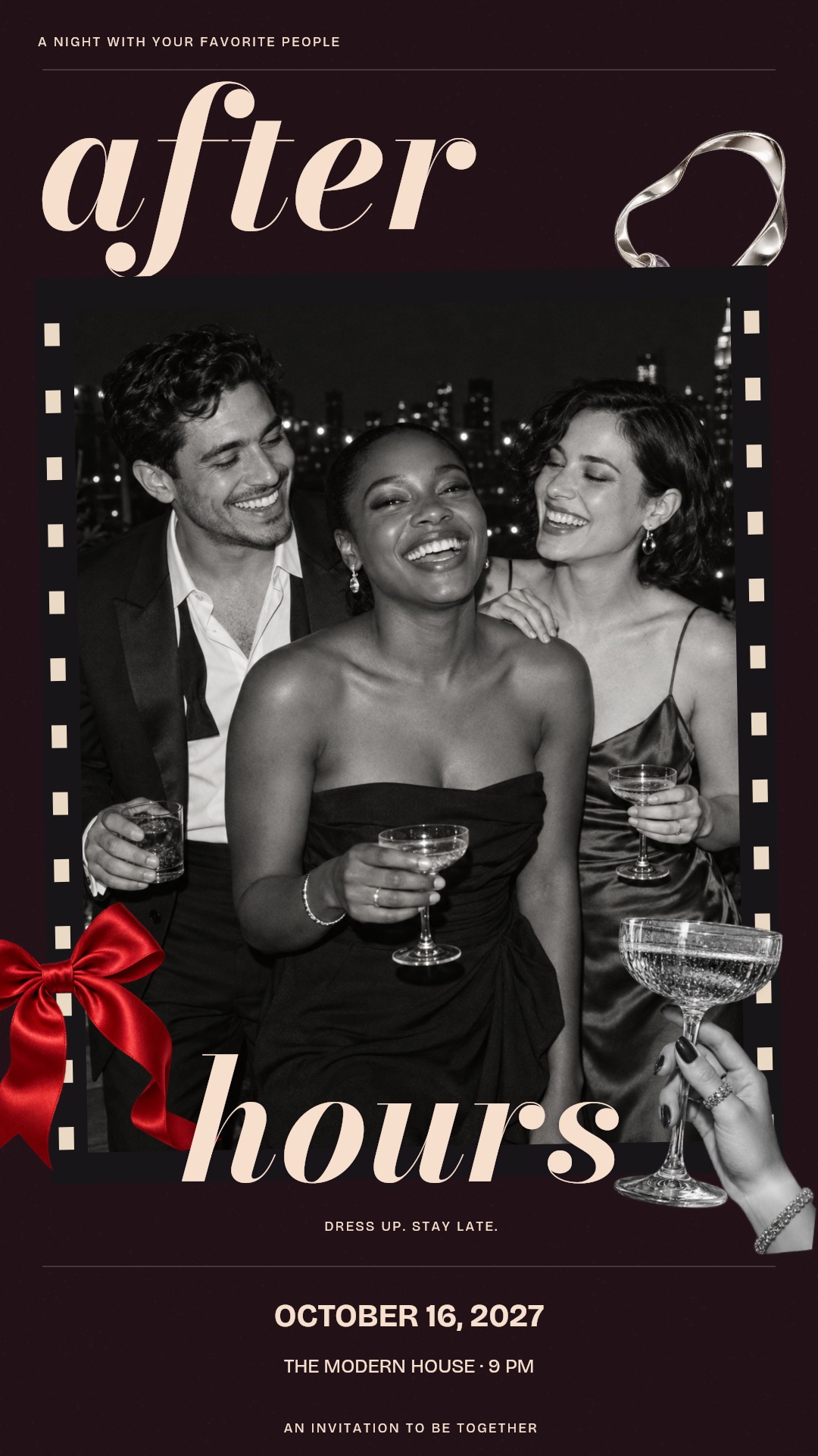 Dark plum party invitation with a fictional friends portrait in a film-strip frame, silver loop, champagne toast and red ribbon.